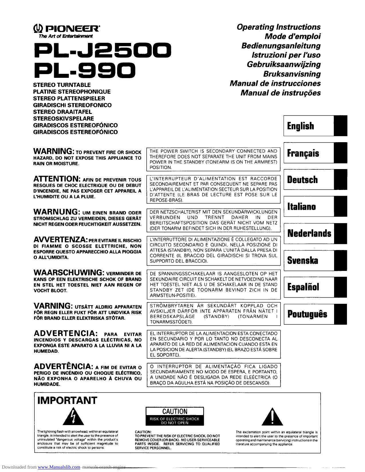 Pioneer PL-990 PL-J2500 Turntable Manual