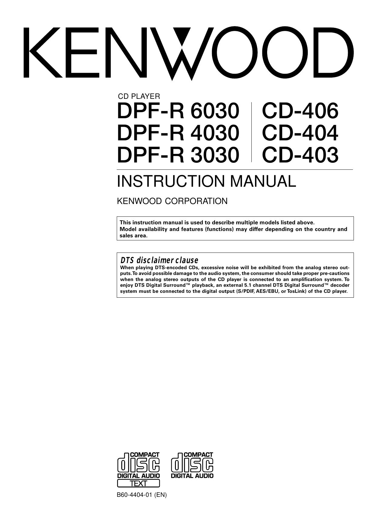 Kenwood DPF-R6030-1 CD-406 CD Changer Instruction Manual