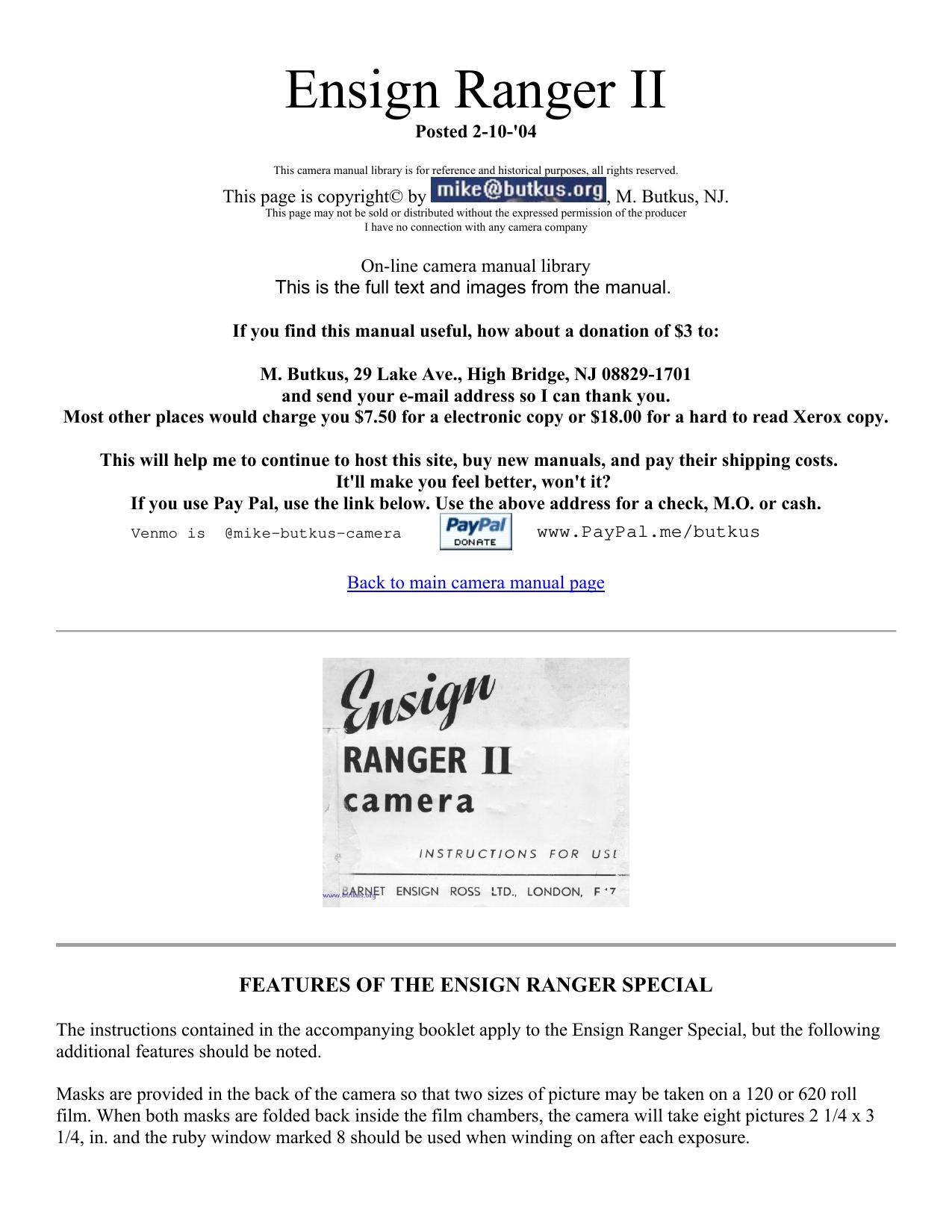 Ensign Ranger II Camera Manual