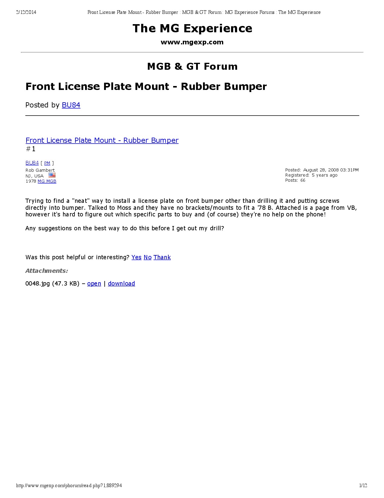 MGB Rubber Bumper License Plate Mount