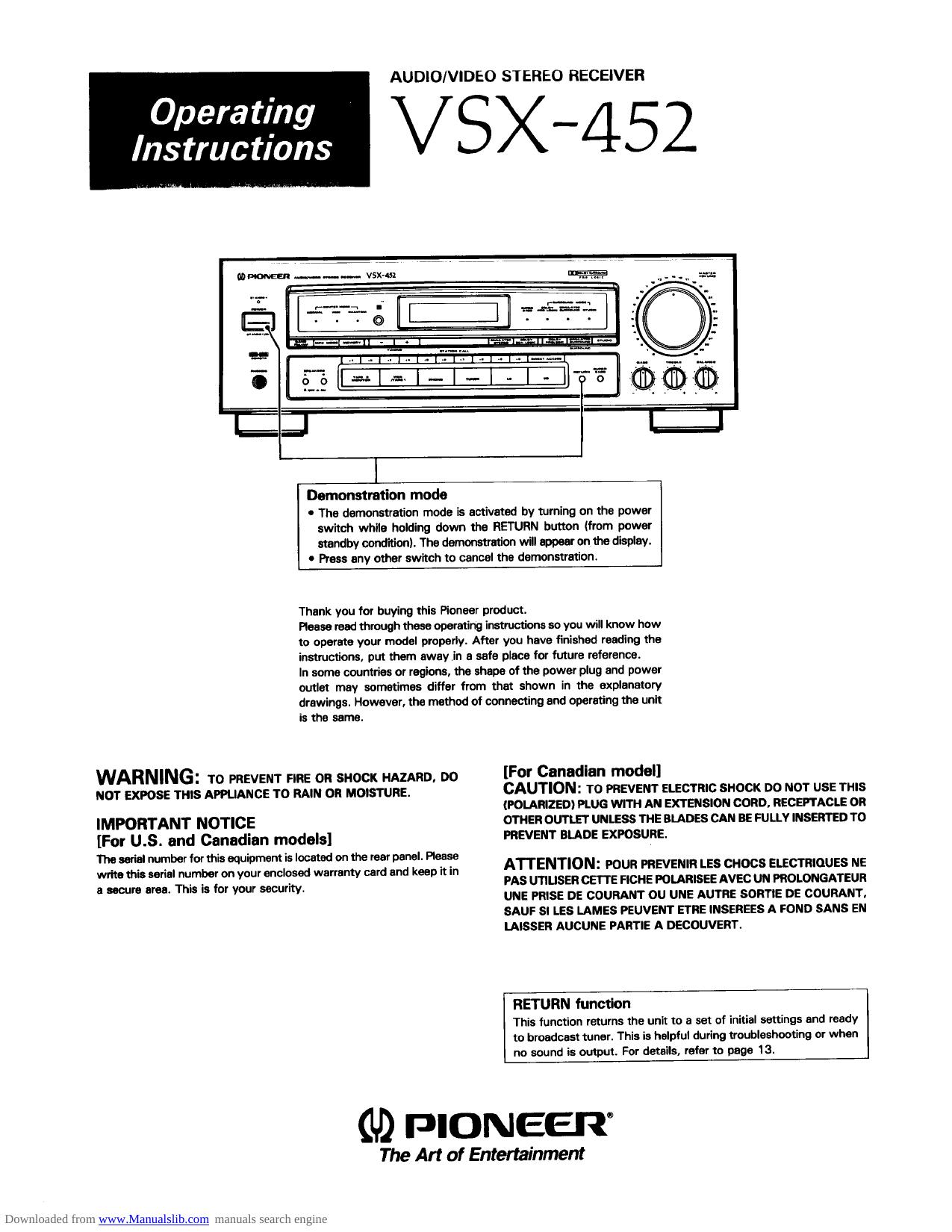 Pioneer VSX-452 Reveiver Manual
