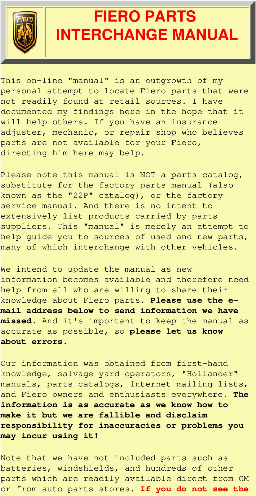 Pontiac Fiero Parts Interchange Manual